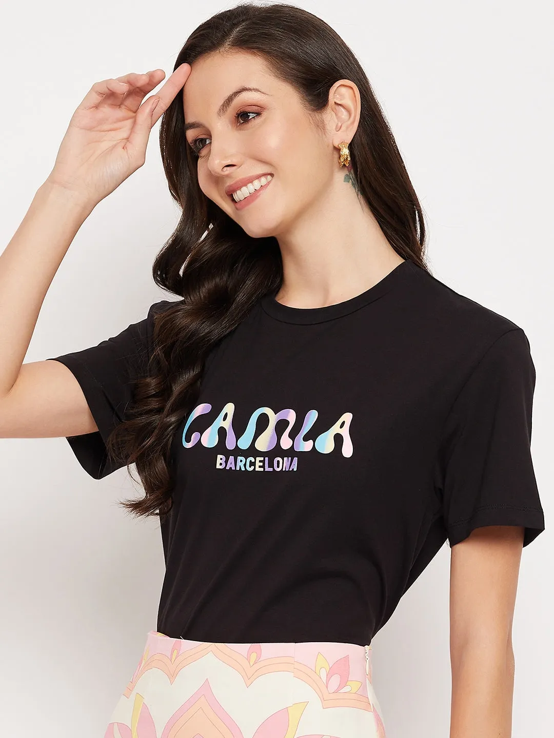 Camla Barcelona Cotton Black Typography Tshirt