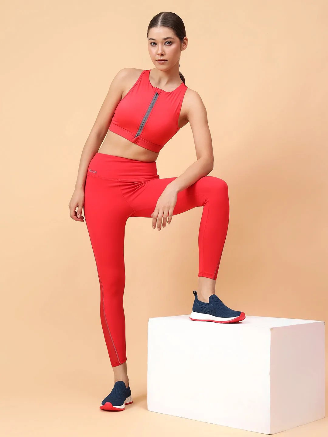 Fitkin Womens Red Front Open Zipper Sports Bra