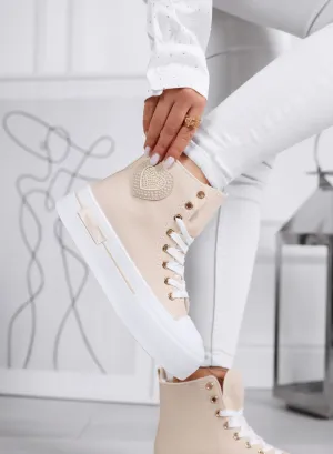 LARA - Sneakers alte beige con suola platform e applicazione cuore